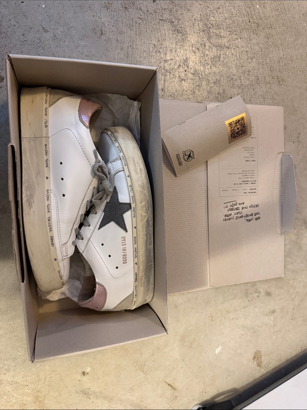 Golden Goose White Leather Sneakers with Gray Star and Pink Heel platform